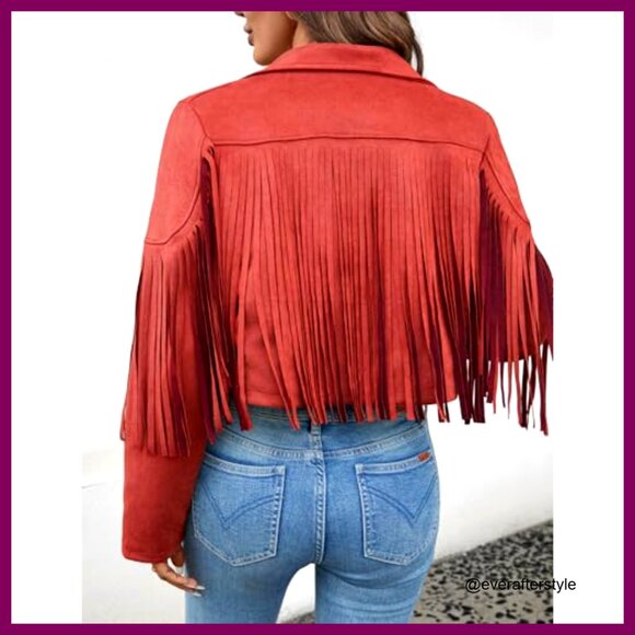 Faux Suede Cropped Jacket Fringe Tassel Western Style Boho Chic Fall Fashion - Picture 2 of 7